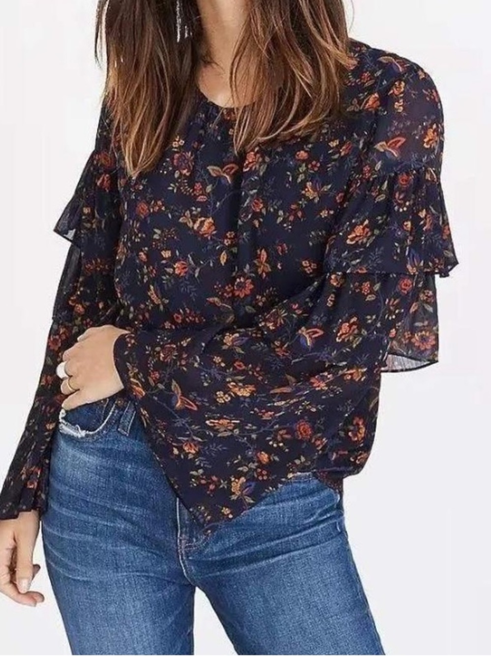 Madewell Navy Floral Ruffle-Sleeve Blouse Size Large